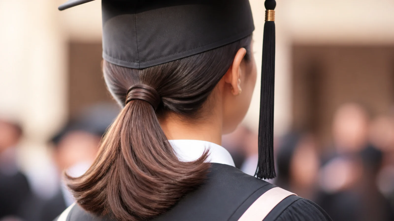 Sleek low ponytail graduation hairstyle with glossy roots and the last two inches curled outward