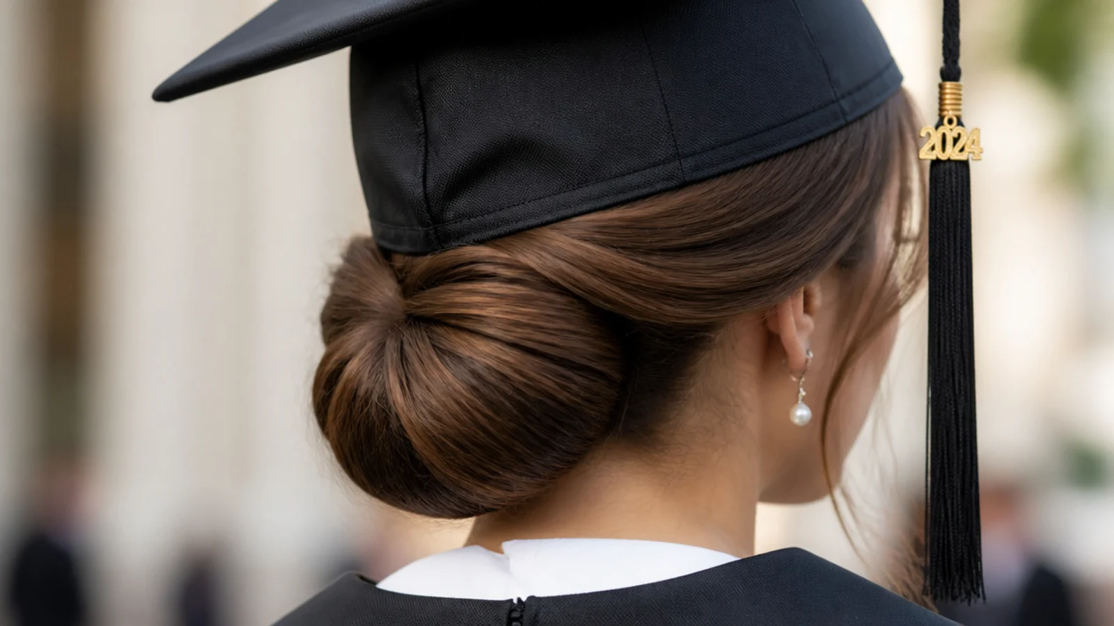 Sleek ballerina bun graduation hairstyle placed at the occipital bone under a flat mortarboard