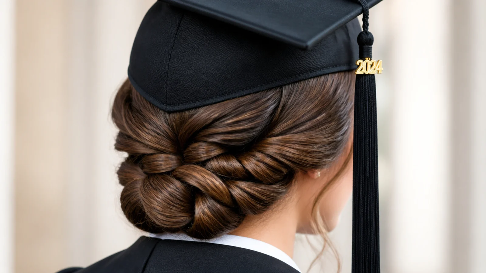 Sleek rope twist low bun graduation hairstyle with two twisted sections coiled at the nape
