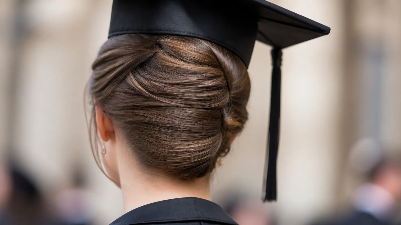 Sleek French twist graduation hairstyle with a smooth vertical roll pinned down the back of the head