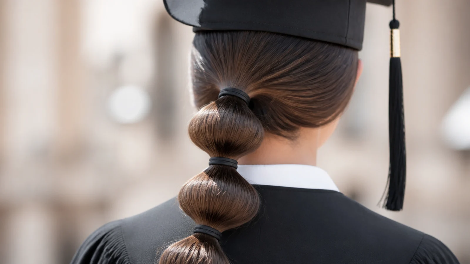 Low sleek bubble ponytail graduation hairstyle with clear elastics spaced down a glossy tail