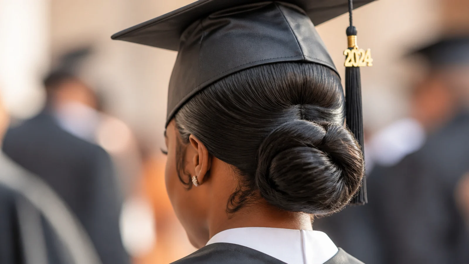 Sleek low bun graduation hairstyle with laid baby hair edges swirled along the hairline
