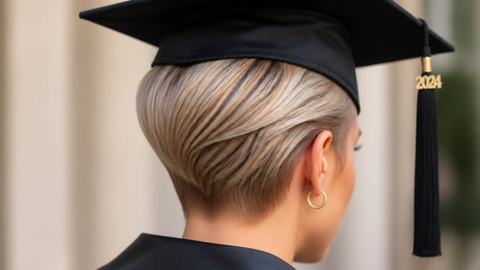 Sleek pixie graduation hairstyle slicked back behind the ears with a glossy side part