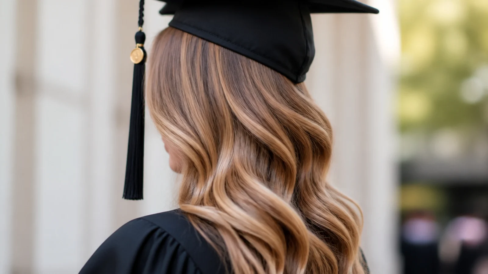 Sleek side swept waves graduation hairstyle brought over the left shoulder with a smooth glossy crown
