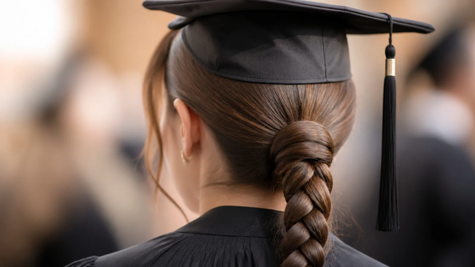 Sleek low braided ponytail graduation hairstyle with a smooth glossy crown and a tight three strand braid
