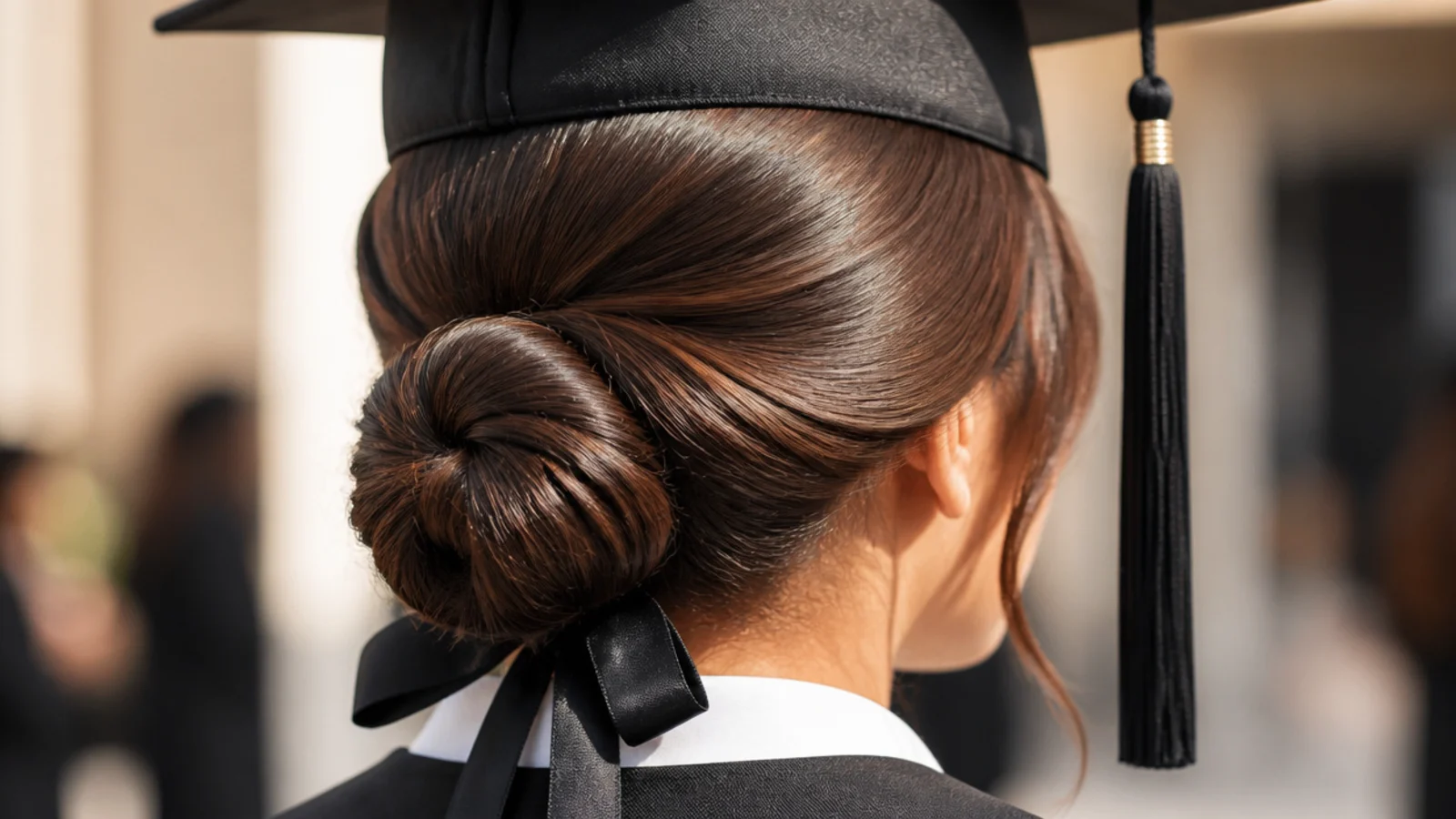 Sleek low bun graduation hairstyle finished with a black satin ribbon tied under the coiled bun