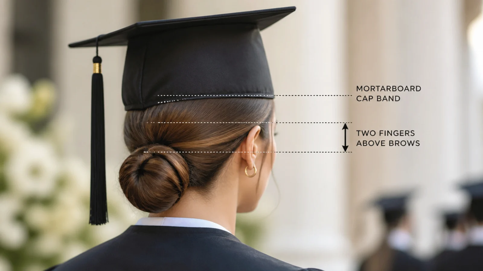 Diagram of a mortarboard cap band sitting two fingers above the eyebrows on a sleek slicked back style