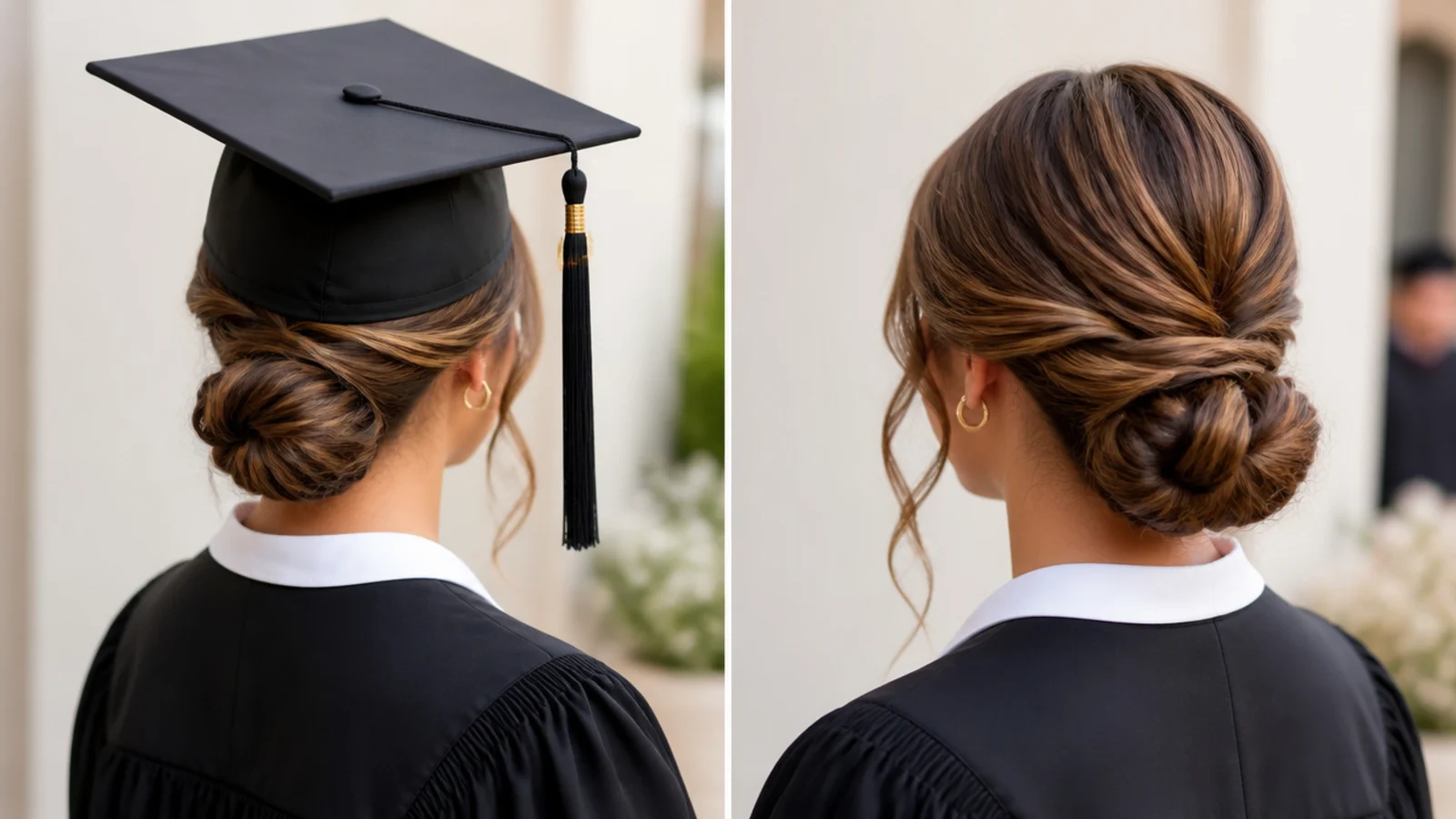 Sleek low bun graduation hairstyle shown with the cap on and again after the cap is removed for photos