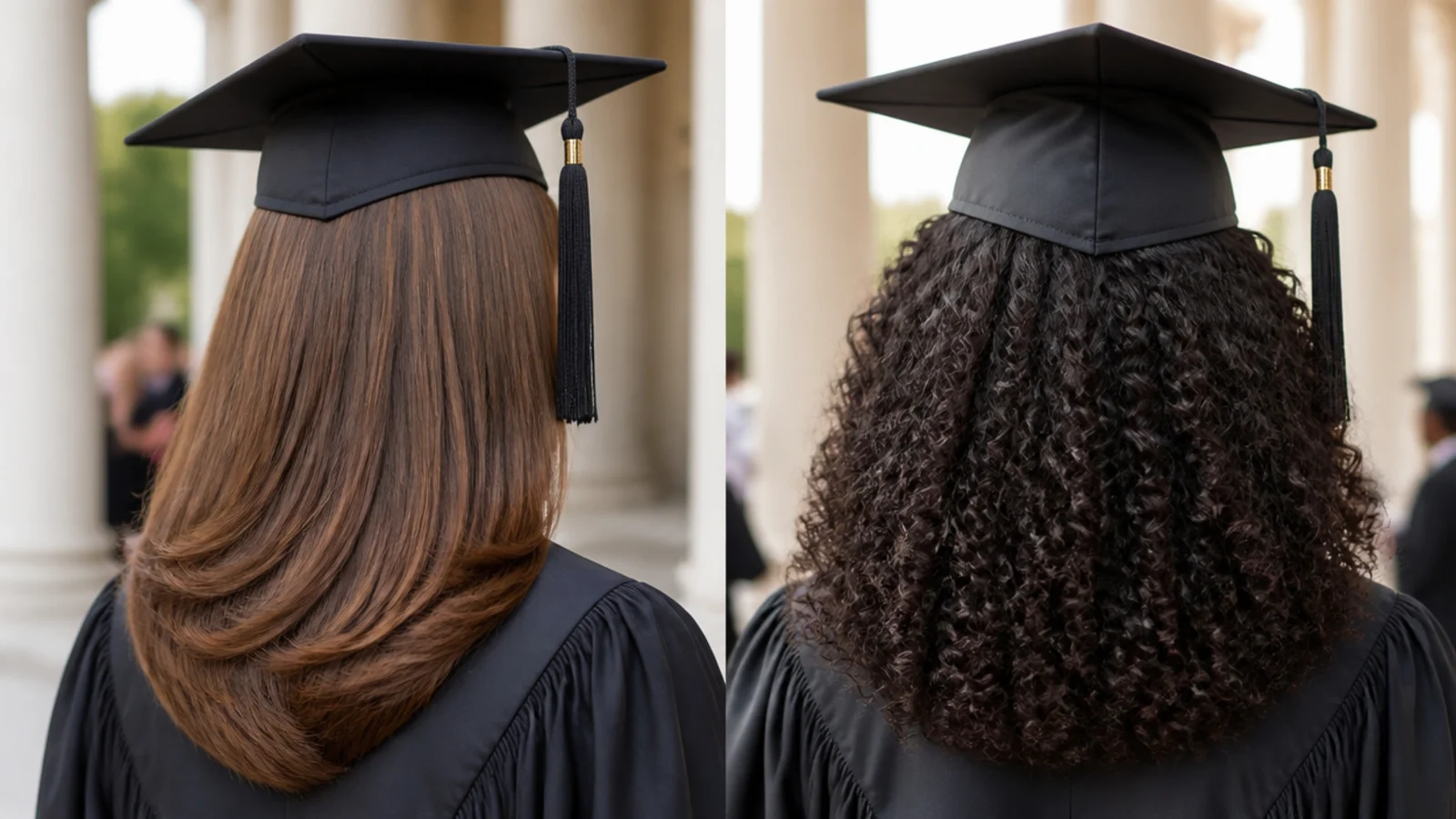 Sleek graduation hairstyles compared on fine hair and on curly textured hair with a smoothed crown
