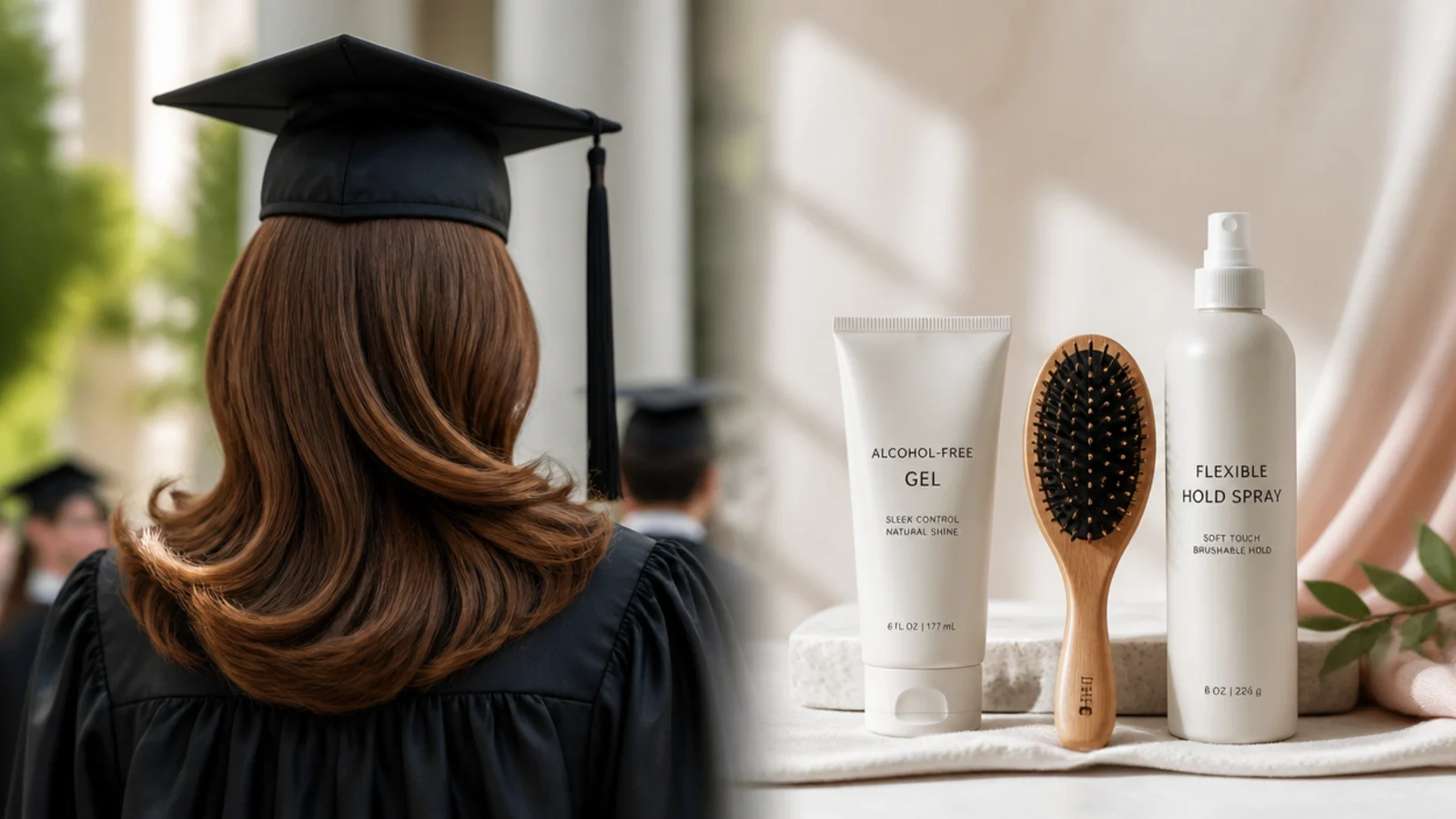 Sleek graduation hairstyle product flat lay with alcohol-free gel, boar bristle brush and flexible hold spray