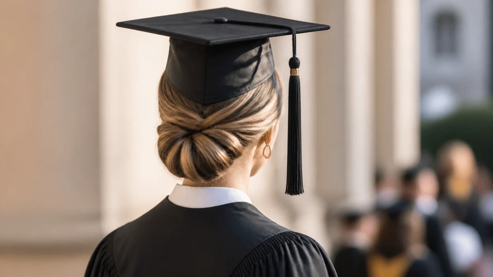 Sleek graduation hairstyle with a slicked back low bun at the nape and the mortarboard sitting flat on the crown