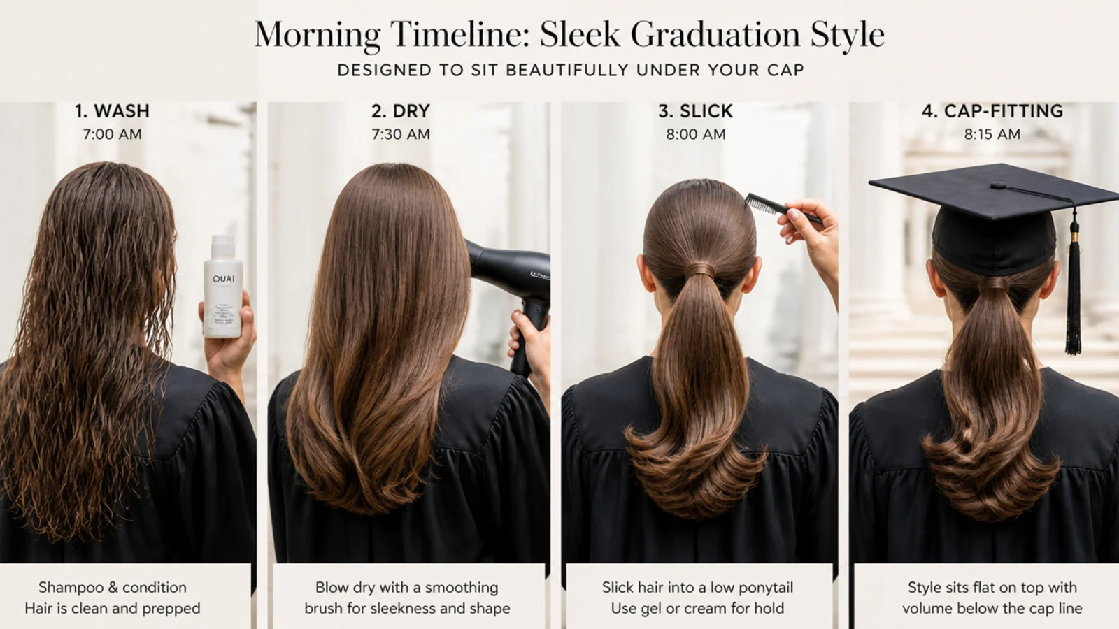Morning timeline for a sleek graduation hairstyle showing wash, dry, slick and cap-fitting steps