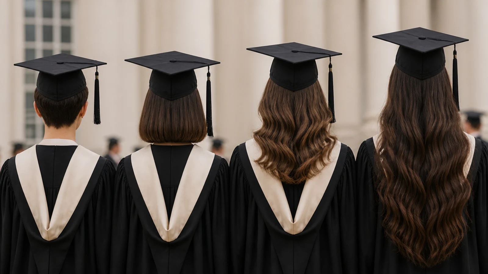 Four sleek graduation hairstyles compared by hair length: pixie, bob, shoulder length and waist length