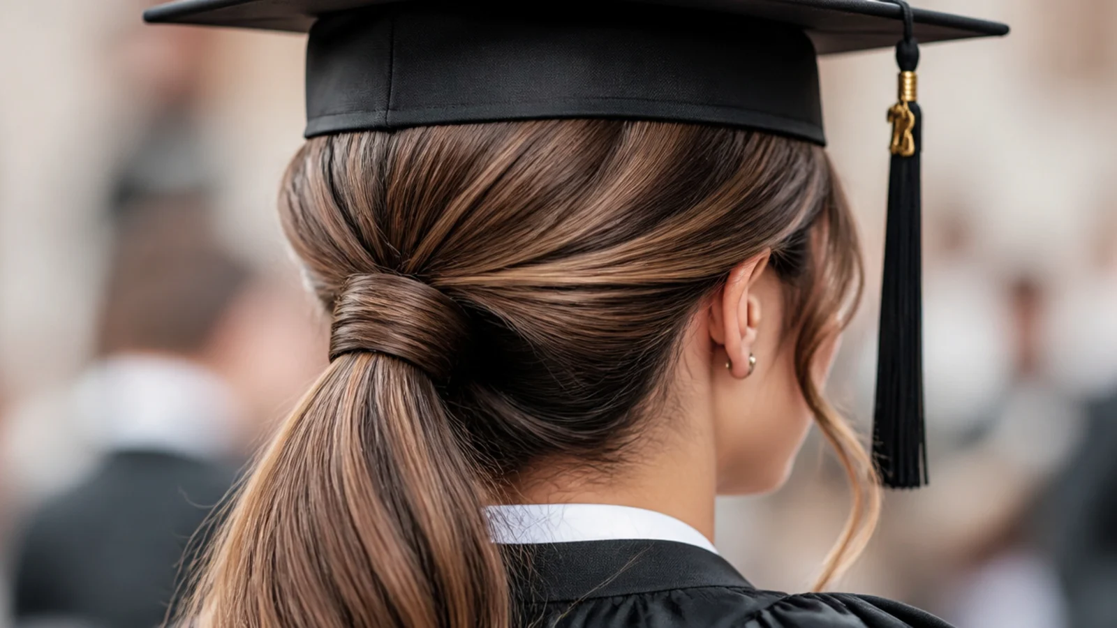 Sleek low ponytail graduation updo tied at the occipital bone with hair wrapped over the elastic