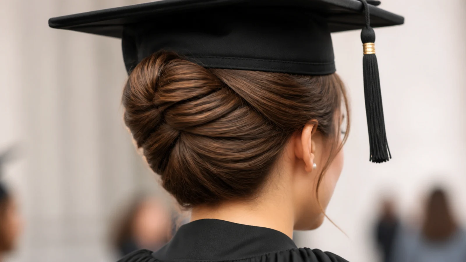 Classic French twist graduation updo pinned vertically at the back of the head under a cap
