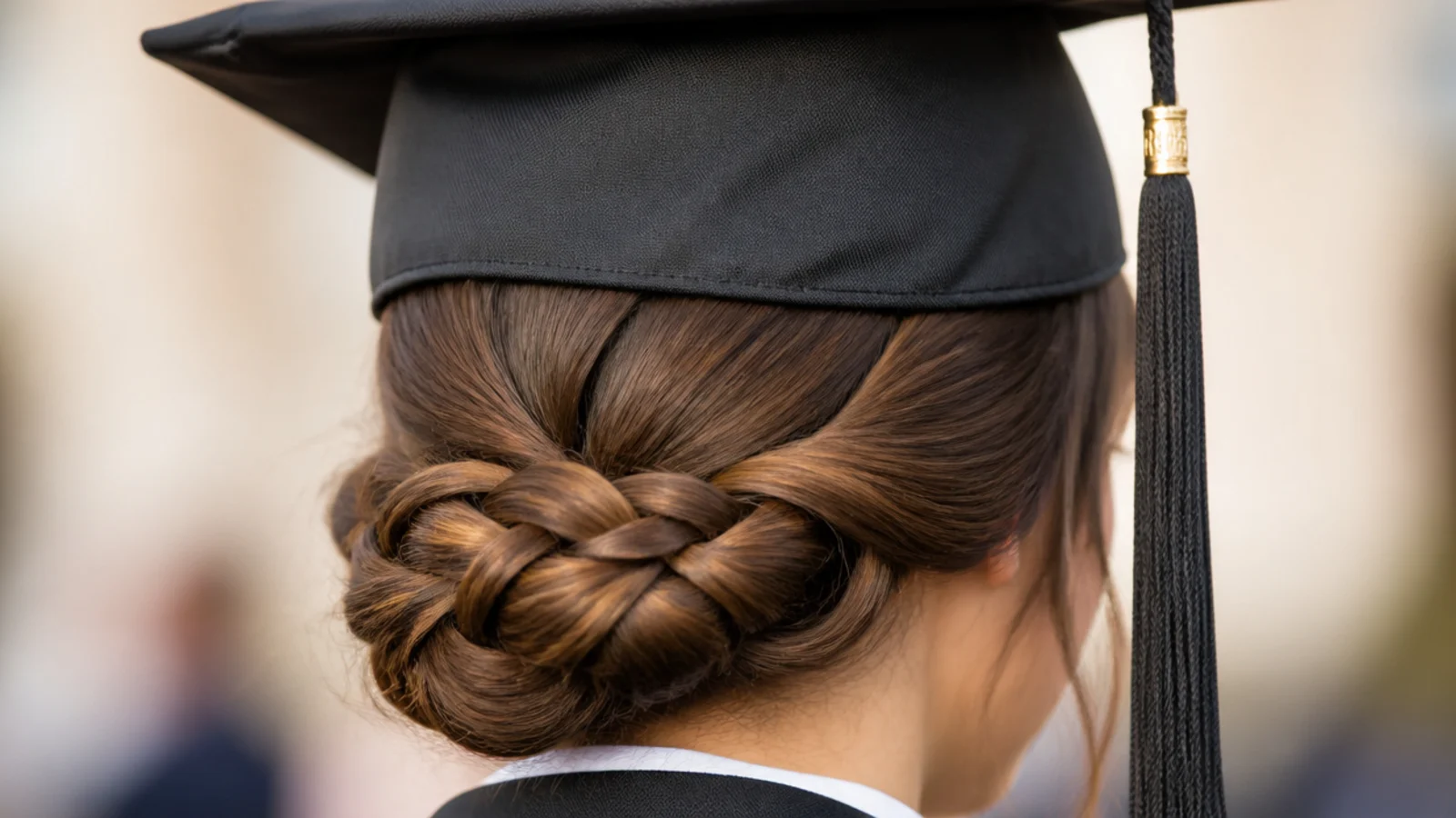 Braided low bun graduation updo with a three-strand braid coiled at the nape under a cap
