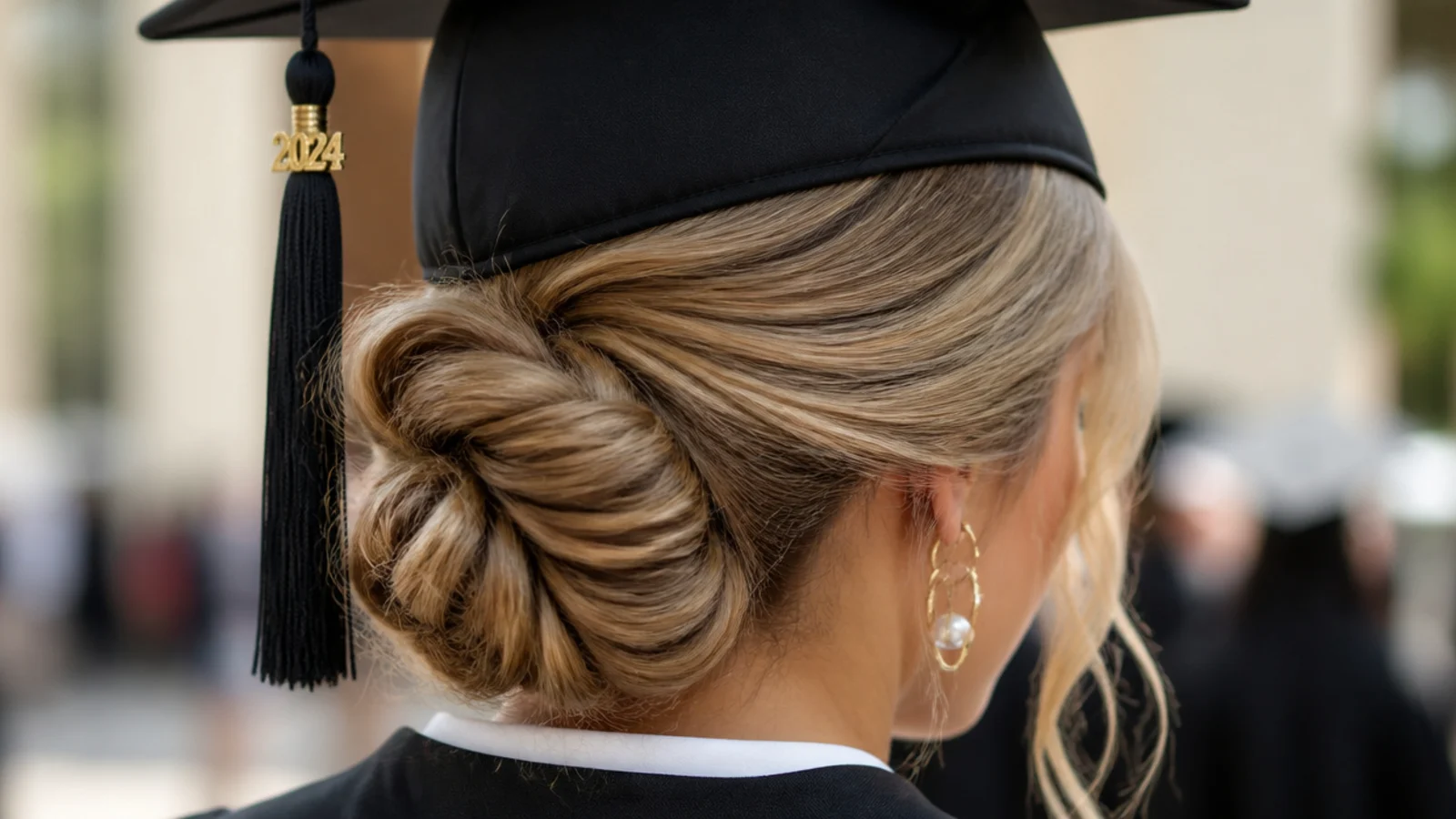 Twisted rope bun graduation updo on fine hair with texture spray at the roots under a cap