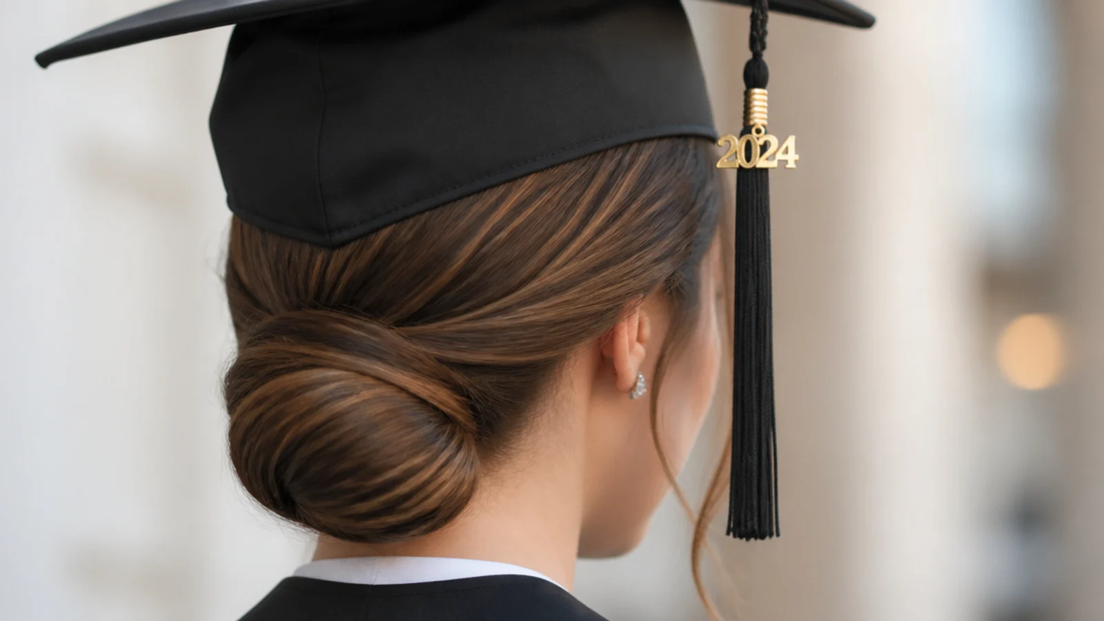 Low ballet bun graduation updo sitting two inches below the cap band on sleek straight hair
