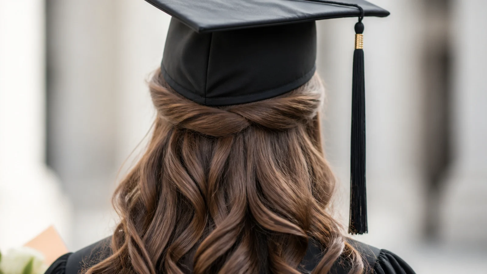 Half up half down graduation hairstyle with the top section pinned flat beneath the cap band