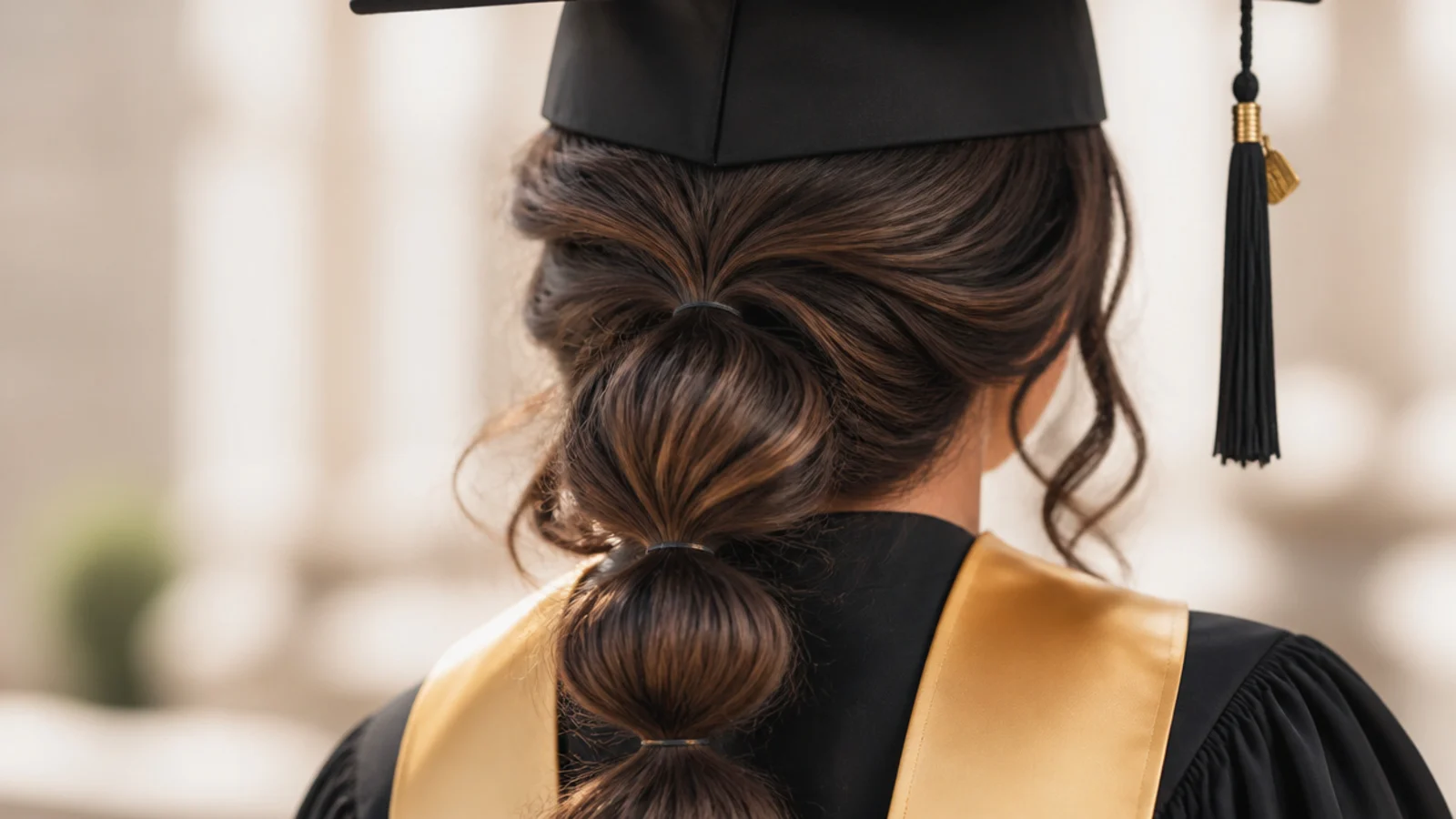 Half up bubble ponytail graduation hairstyle with segmented clear elastics sitting below the cap