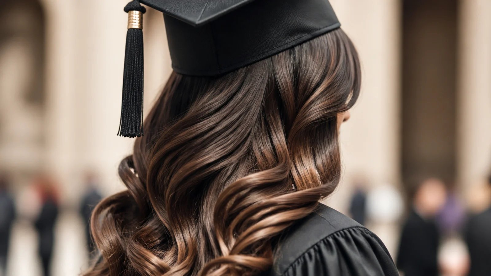 Side swept Hollywood waves worn down for graduation draped over one shoulder beneath a cap