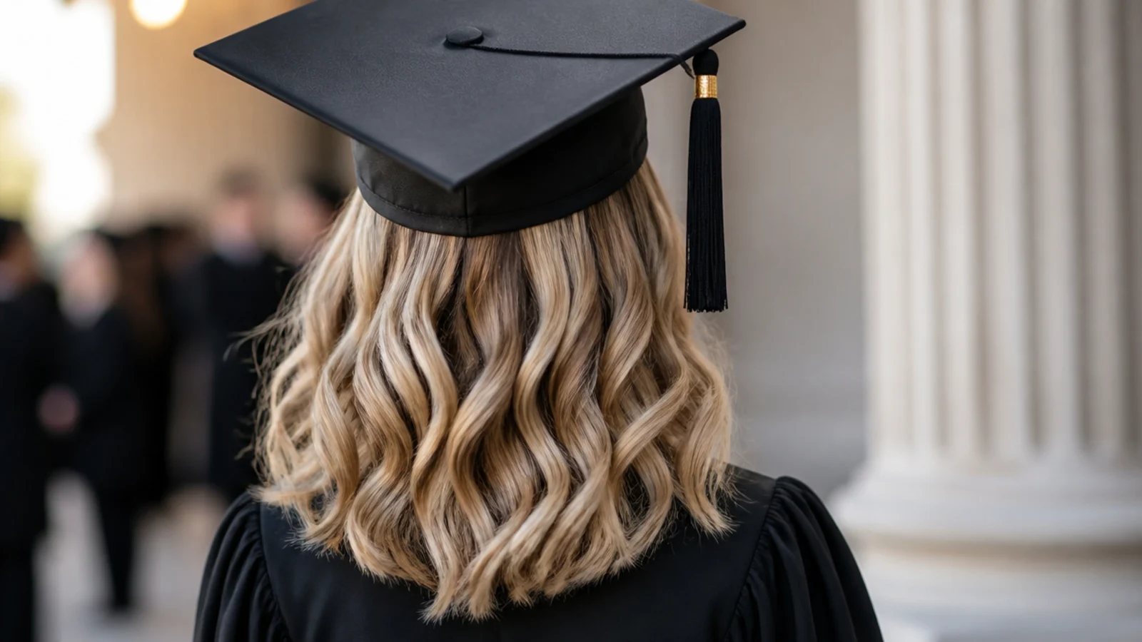 Loose beach waves worn down for graduation on shoulder length hair with a flat crown under the cap