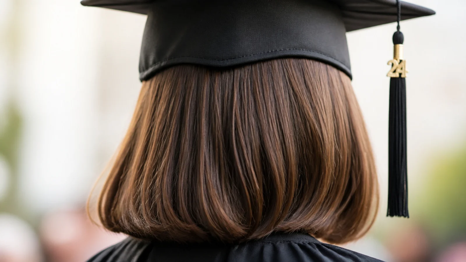 Blunt chin length bob worn down for graduation with ends bent outward beneath the cap