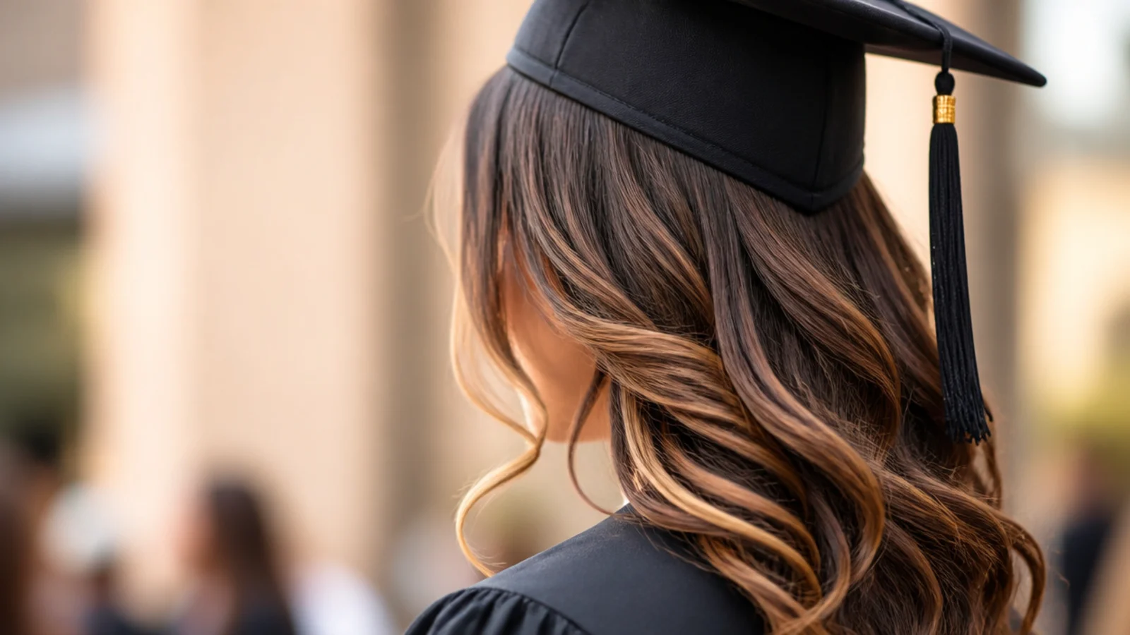 Deep side part with a money piece worn down for graduation framing the face below the cap band