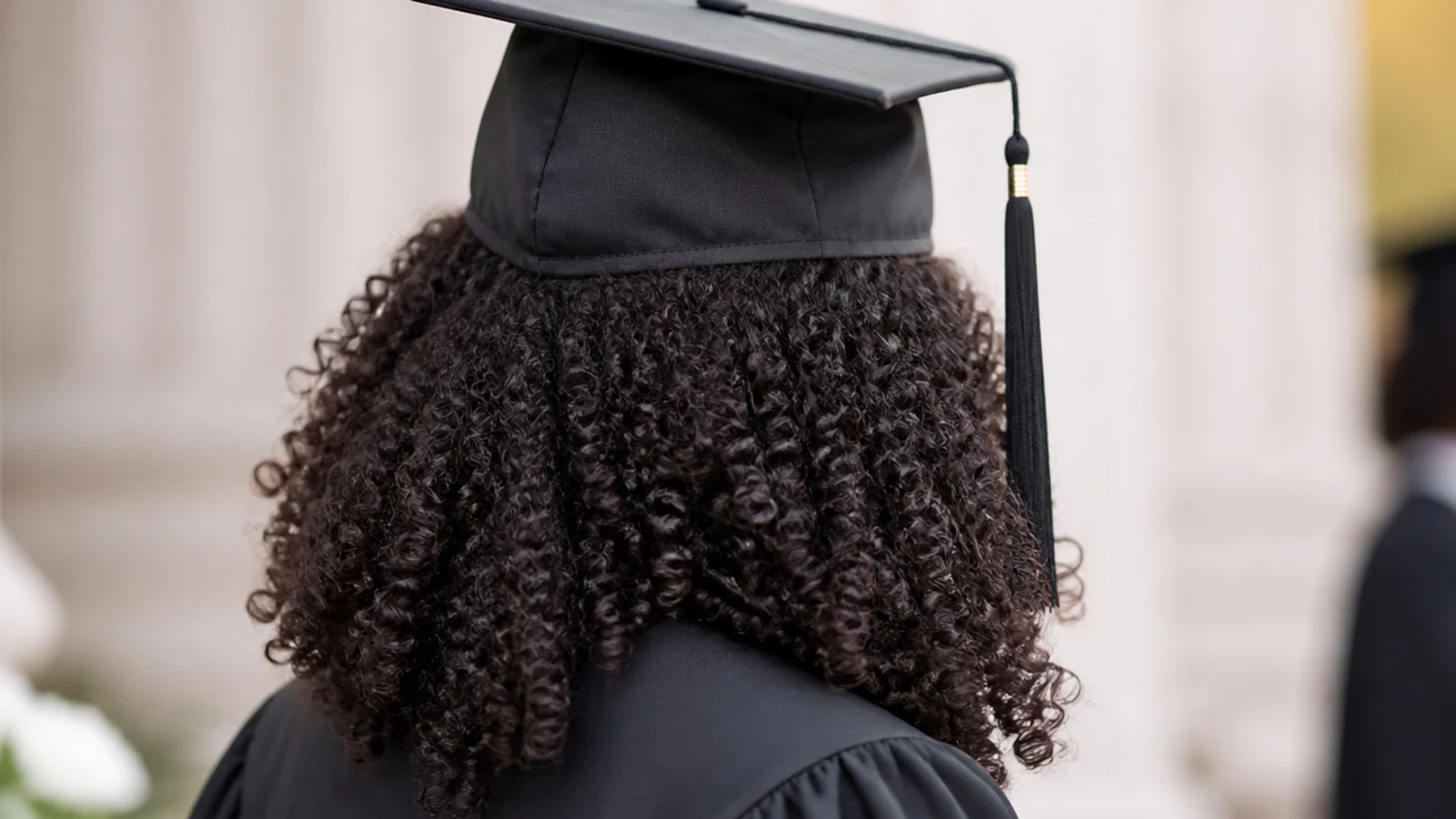 Defined 3B curls worn down for graduation with volume at the sides below a flat cap crown