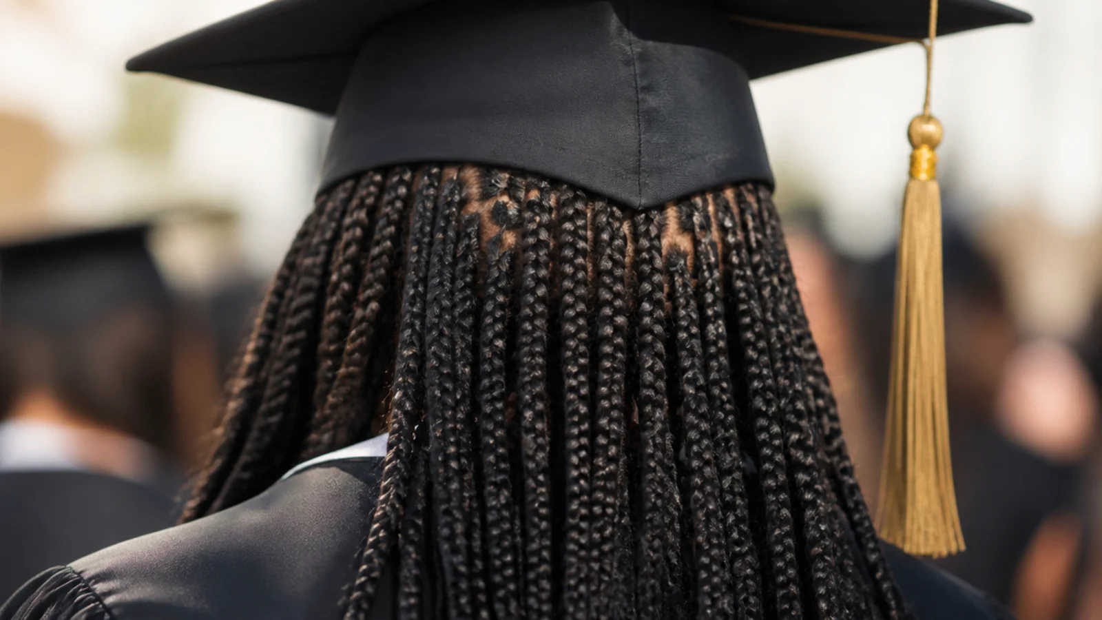 Knotless braids worn down for graduation lying flat at the scalp beneath a mortarboard