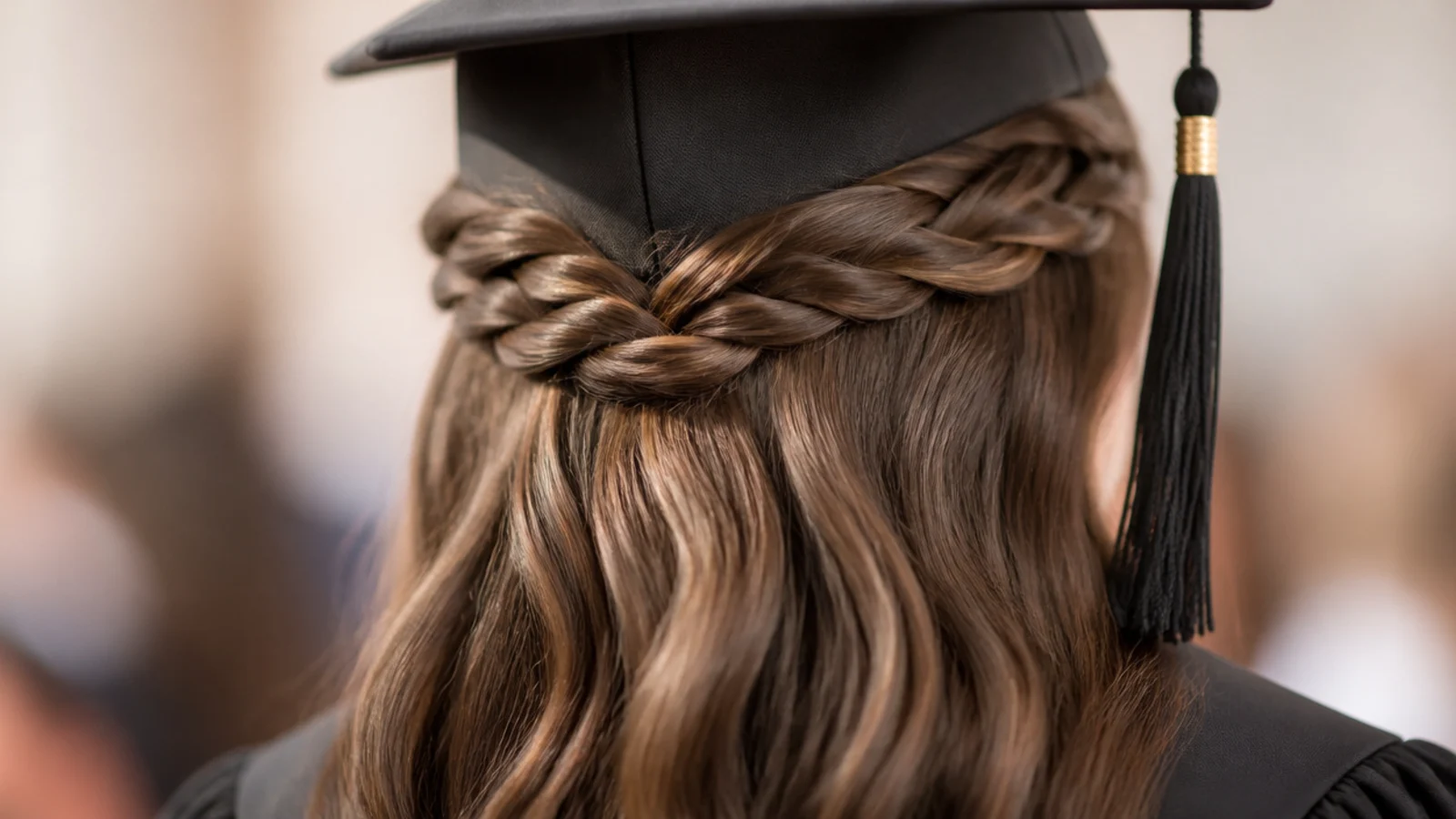 Half up crown braid graduation hairstyle with braid sitting low and long hair left down beneath