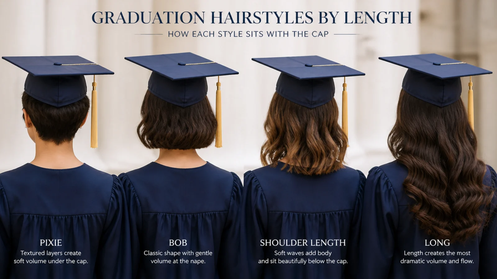 Updo vs down graduation hair by length compared across pixie, bob, shoulder length and long hair