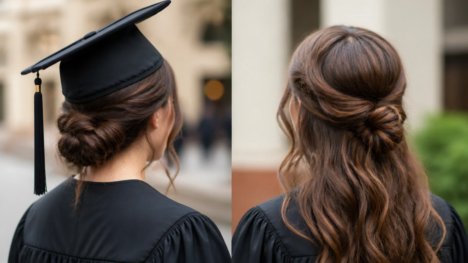 Graduation hair before and after the cap comes off, updo unchanged and down hair showing a crown dent