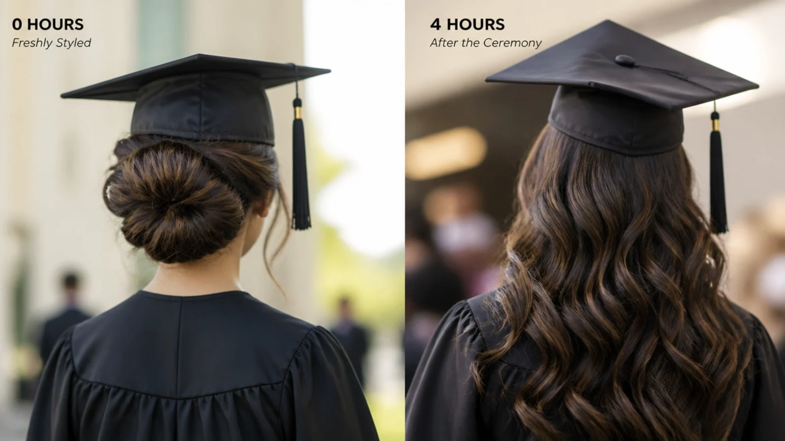 Graduation hair hold compared over a four hour ceremony, pinned updo against loose waves