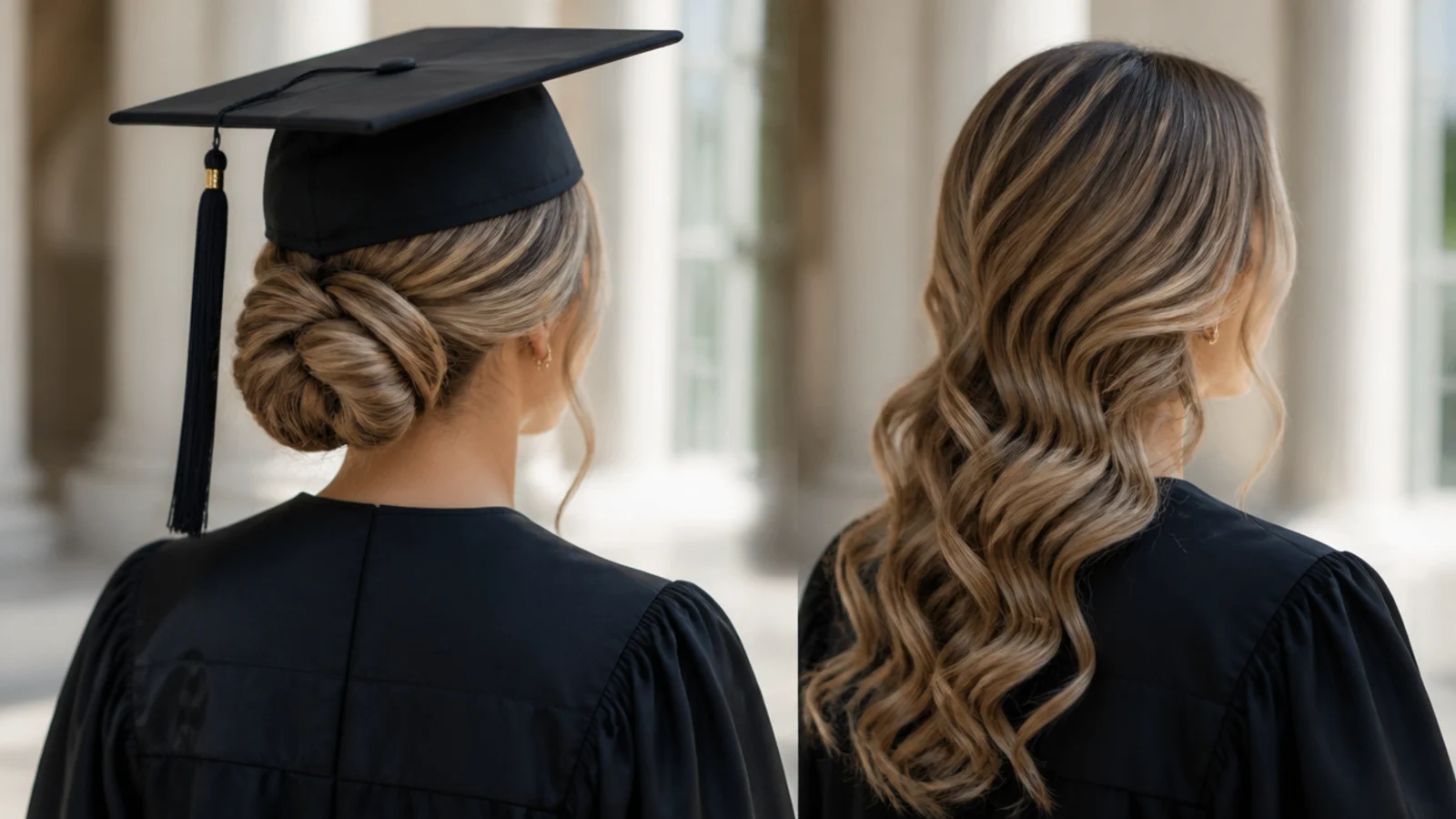 Updo vs down graduation hair compared side by side, a low chignon under a cap next to side-swept waves