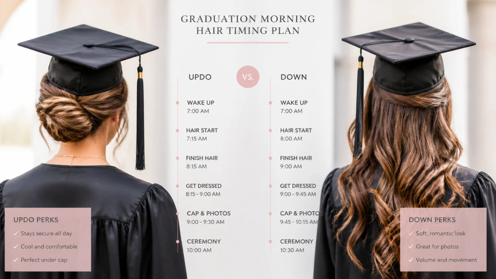 Graduation morning hair timing plan comparing updo and down styling windows before the ceremony