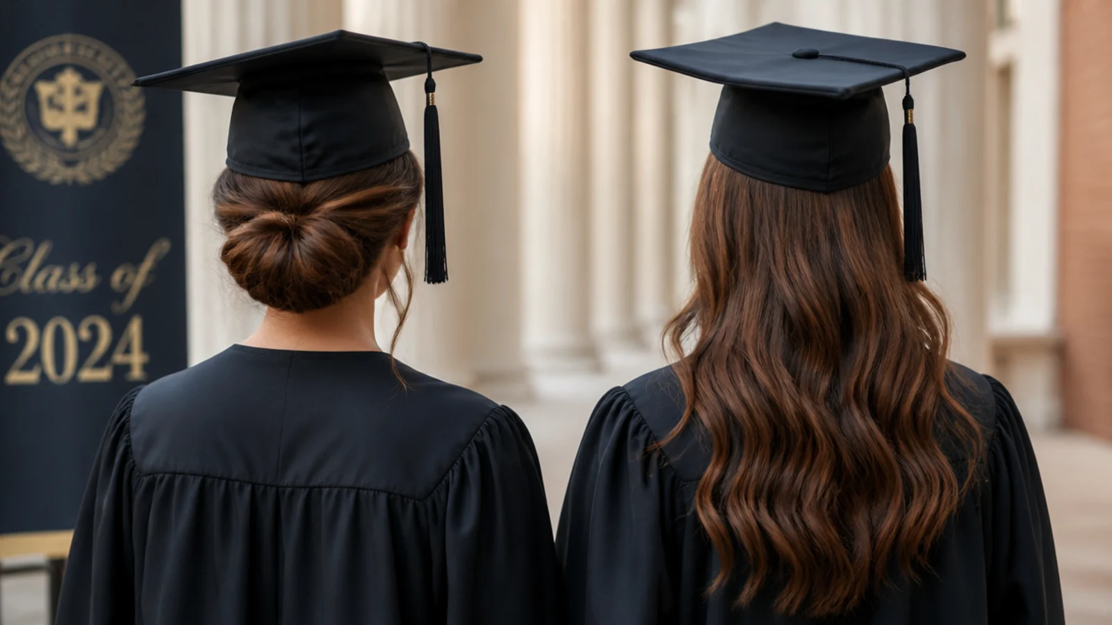 Updo vs down graduation hair compared in photos, structured bun against loose waves on a dark gown