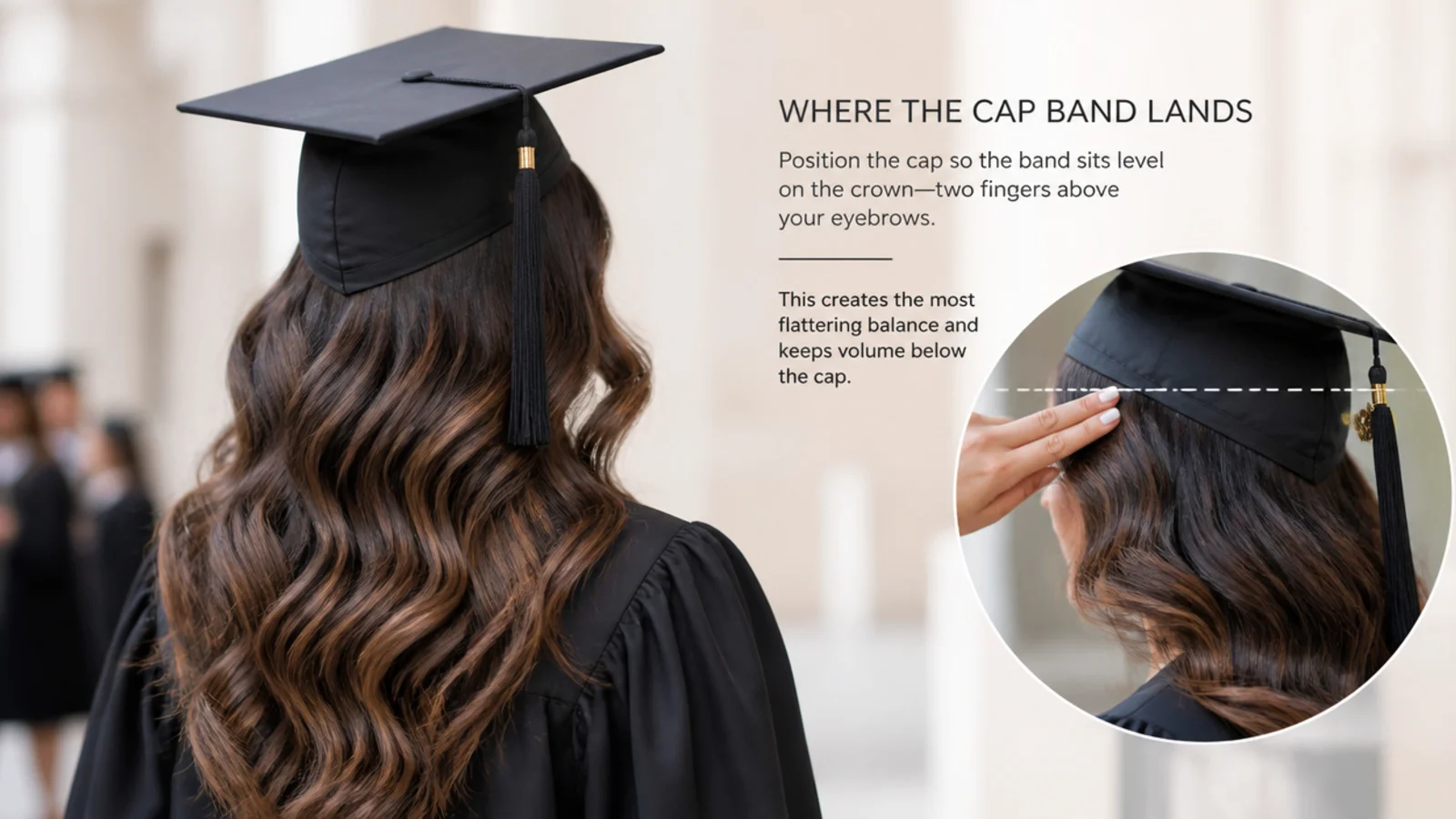 Diagram showing where the graduation cap band lands, two fingers above the eyebrows and level on the crown