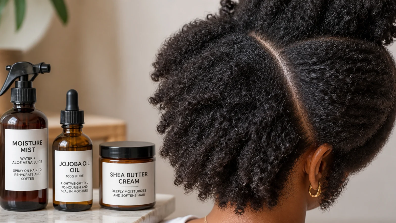 Spray bottle, jojoba oil and shea butter cream lined up for the LOC method on 4C hair