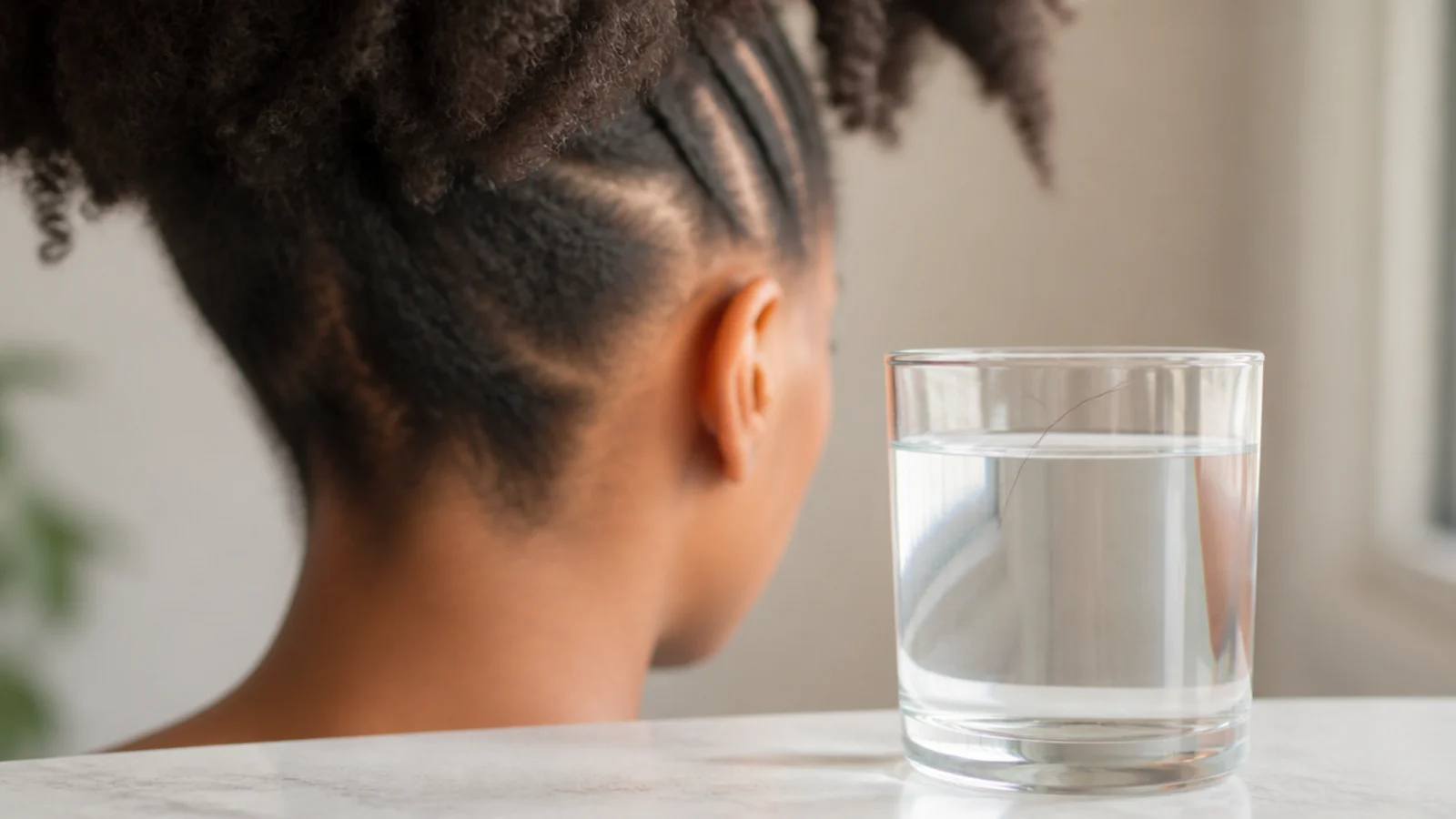Single shed 4C hair strand floating in a clear glass of water for a porosity test