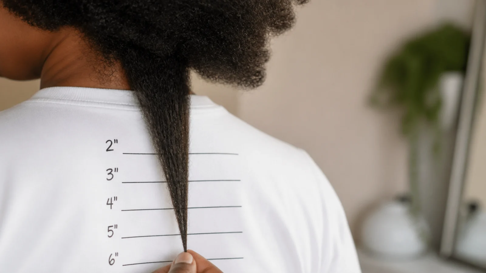 Length check on stretched 4C hair against a white t-shirt marked with horizontal lines
