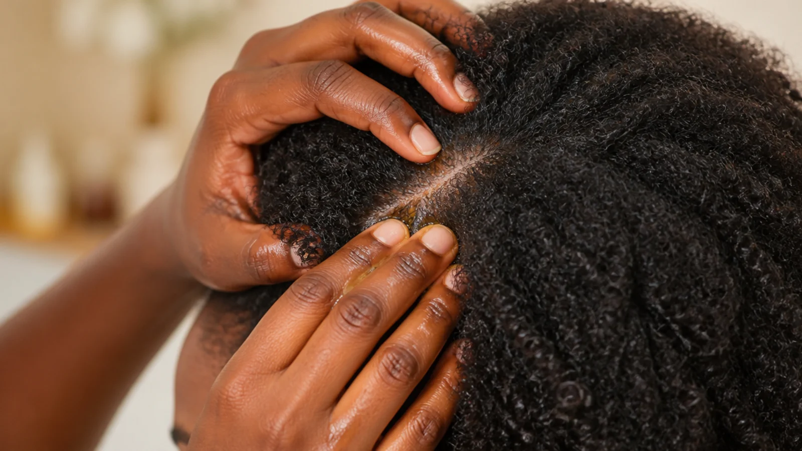 Fingertips massaging jojoba oil into the scalp through parted 4C hair
