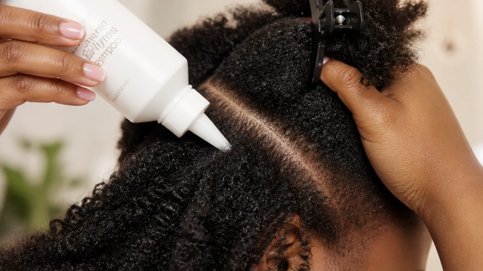 Sulfate-free clarifying shampoo being applied directly to the scalp of sectioned 4C hair