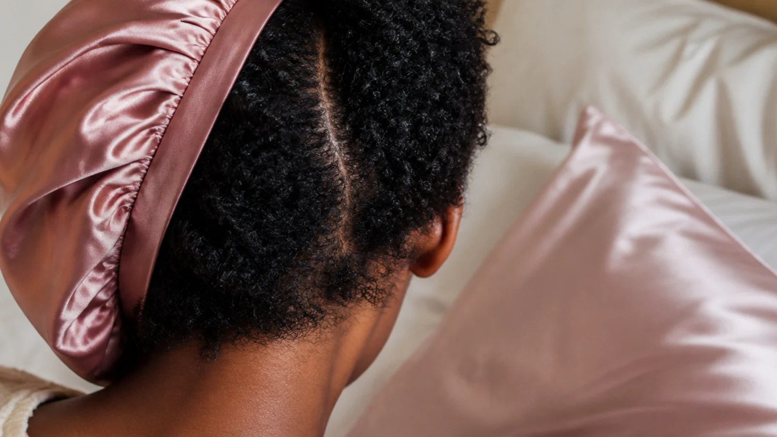 Satin bonnet on stretched 4C hair beside a satin pillowcase on a made bed