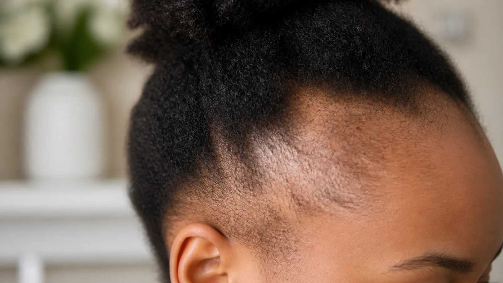 Close up of a thinning 4C hairline showing early traction alopecia at the temples