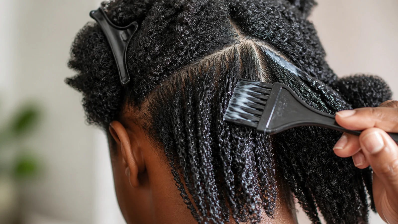 Hydrolyzed protein treatment being applied to sectioned wet 4C hair with a tint brush