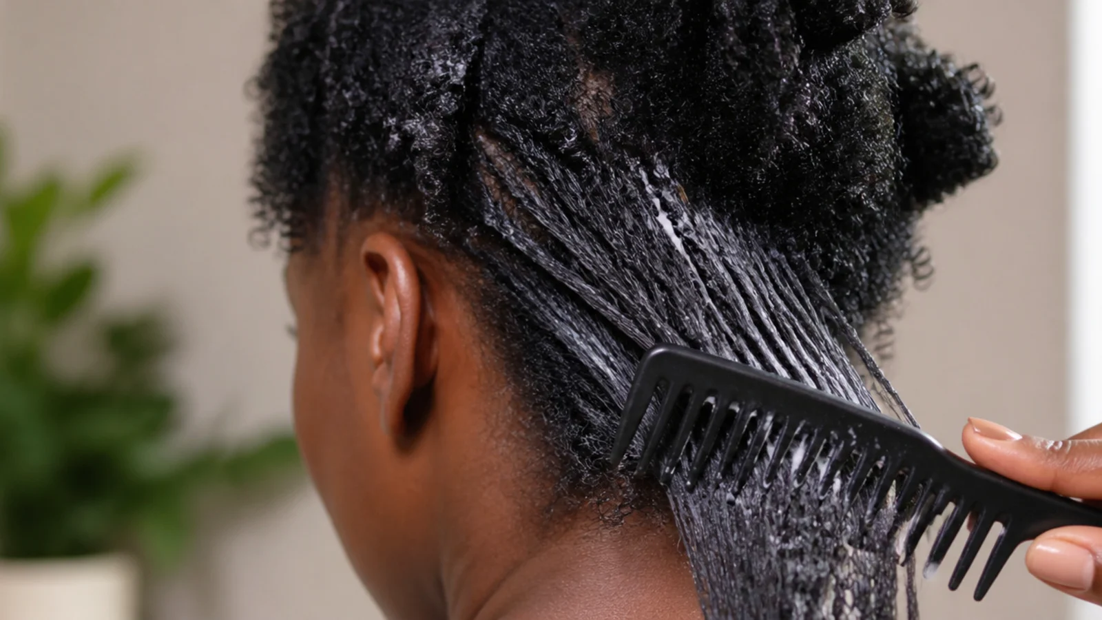 Wide-tooth comb gliding through a conditioner-coated section of wet 4C hair