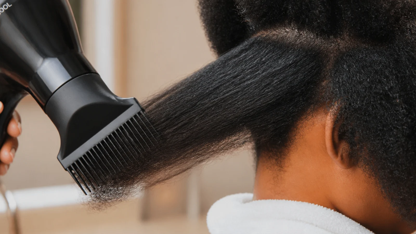 Blow dryer with a comb attachment on cool setting stretching a section of 4C hair