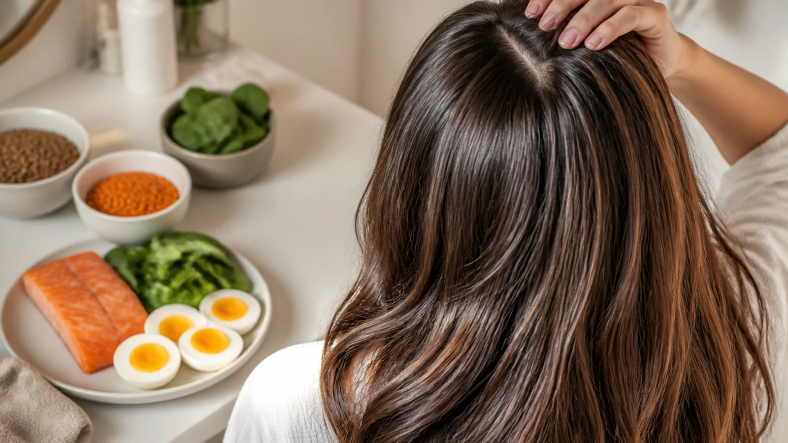 Plate of eggs, salmon, lentils and leafy greens for protein and iron supporting hair growth