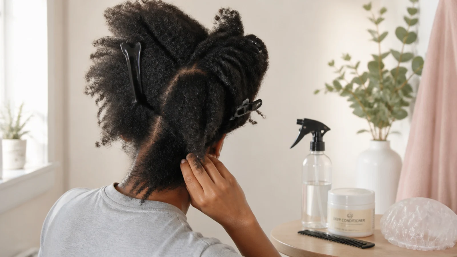 Wash day setup for 4C hair with clips, spray bottle, conditioner, comb and a plastic cap